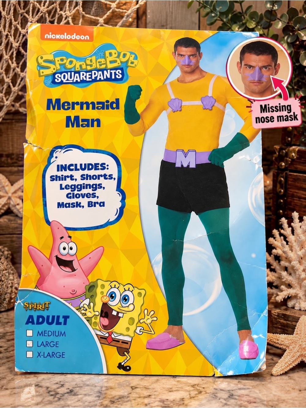 SpongeBob Mermaid Man Adult Costume Large Missing Nose Mask Spirit Halloween